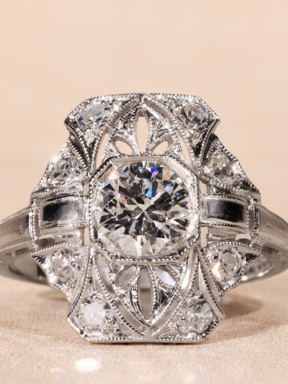 Art Deco Natural Diamond Filigree Engagement Ring in Platinum